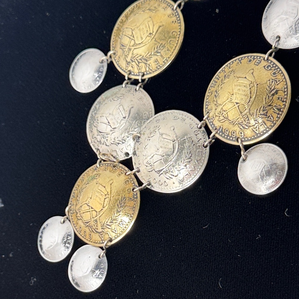 VINTAGE Republic of Guatemala Handcrafted Silver Gold Coin Necklace 90s Eclectic - Picture 11 of 14